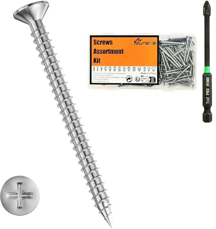 Suneke Schnellbauschrauben, M3,5 x 25 mm, hohe Härte, Edelstahl 304, Feingewinde, Kreuzschlitz, Stiftkopf, Holzschrauben mit Organizer-Box und 1 Kreuzschlitz PH2#2 langer Bit, 100 Stück