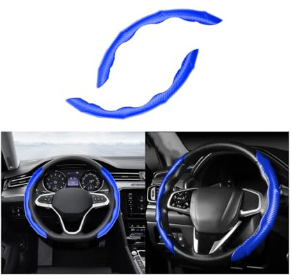 JNNJ 2 Pezzi Auto Coprivolante Antiscivolo Traspirante, Coprivolante a Segmenti Accessori per Interni, Coprivolante Universale in Fibra Di Carbonio per Auto Furgone Camion Autocarro(Blu)