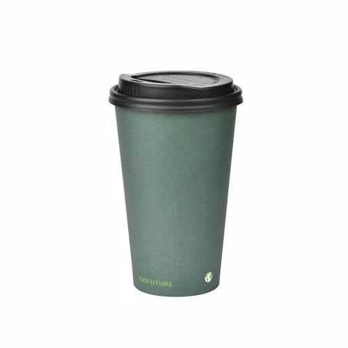 BIOFUTURE Lot de 50 tasses à café biodégradables – Vertes – Gobelets en carton jetables de 473,6 g avec couvercles – Respectueux de l'environnement et 100 % compostables – Idéal pour le thé, le café