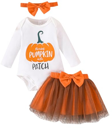 Yaopelky Nyfödd Baby Girl Halloween Romper Tutu Klänning med Pannband Barn Pumpkin Toppkjol Halloween Outfits (0–3 månader)