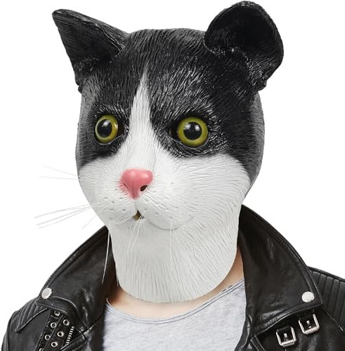 shayulajiao Cat Mask - Funny Realistic Full Head Latex Animal Costume for Halloween, UK Carnival, Cosplay & Wildlife Parties (Breathable, Black White)