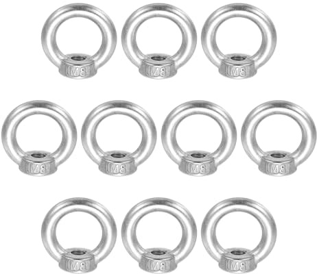 sourcing map M8 Lifting Eye Nut, 304 Stainless Steel Ring Shape Female Thread Nuts Fastener for Engineering Port Marine Fixing Silver, Pack of 10