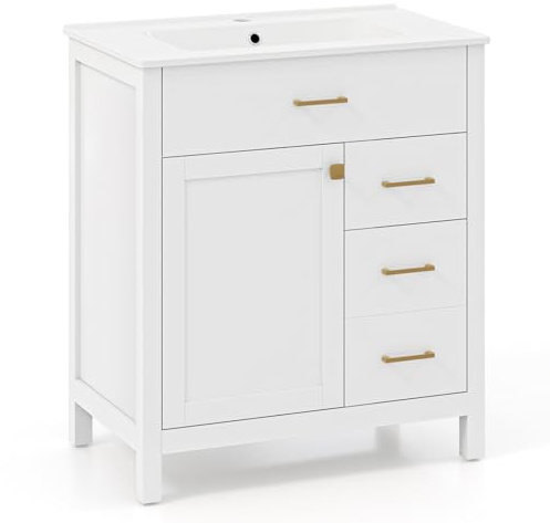 COSTWAY Waschbecken mit Unterschrank, Waschbeckenunterschrank mit 2 Schubladen und 2 Türen, Waschtischunterschrank Holz, 76 x 46,5 x 86 cm, Weiß