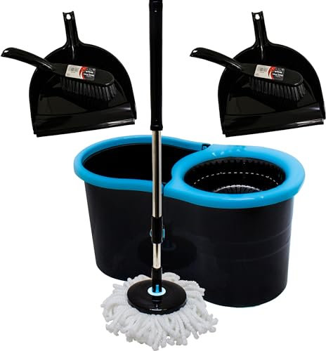 KMJ Premium Quality Spin Mop and Buckets Sets with 2X Dustpan and Brush Set –360∘ Turbo Mop and Bucket Set with Wringer, 13L Compact Mop Bucket with Microfiber Mop for Effortless Floor Cleaning