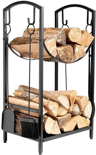 Neustein Kaminholzregal mit 4 Kaminbesteck 75x30x40cm Kaminholzständer Feuerholzregal Brennholzregal metall schwarz stehend Holzregal Stapelregal