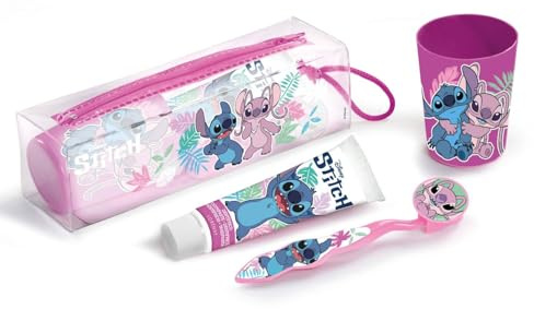 Disney Stitch Kids Set de brosses à dents avec capuchon de protection et poils souples, dentifrice saveur fraise et gobelet multifonction pour enfants de 3 ans et plus