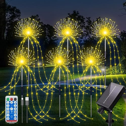 YZYOE 6 Pack 720 led al aire libre solar tierra insertado luz caliente fuegos artificiales luces con control remoto, Impermeable Solar & USB alimentado patio luces decorativas, 8 modos.
