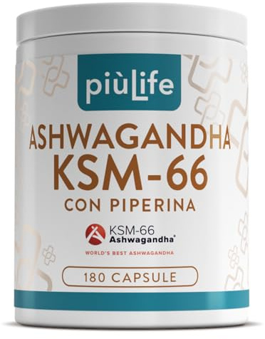 Ashwagandha KSM-66 600 mg PiùLife – Estratto di Radice 5% Witanolidi – per Stress e Benessere Mentale – Ashwagandha Alta Concentrazione – 180 Capsule