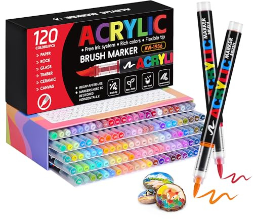 Tongfushop 120 Pennarelli Acrilici Set, Punta Pennello & Flusso Auto, Non Tossici, Impermeabili, Rapida Asciugatura & Alta Copertura per Vetro, Legno, Ceramica, Sassi – Ideale per Artisti e Creativi