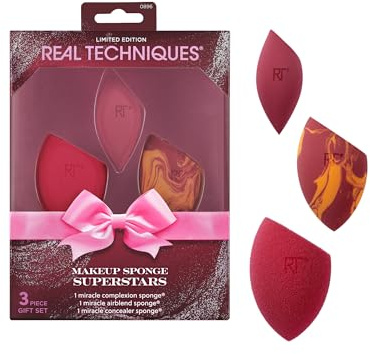 Real Techniques Makeup Sponge Superstars 3-Piece Set, Miracle Complexion, Airblend & Concealer Sponges for Liquid or Cream, Flawless Blending, Latex-Free, Vegan, Cruelty-Free Tools