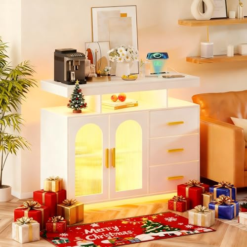 Gurexl LED Sideboard Buffetschrank,40 x 80 x 100 cm,Sideboard mit kabelloser Ladestation und 24 Farben RGB,küchenschrank mit Intelligente Sensorik und Verstellbare Ablagen, für Wohnzimmer,Küche,Weiß