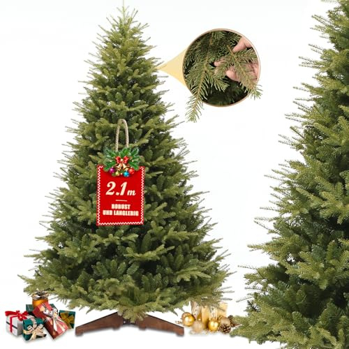STANBOW Künstlicher Weihnachtsbaum Künstlich 210cm - Flammhemmendes Material PVC+PE, Naturgetreu, Dichte Zweige, Christmas Tree mit Holzständer