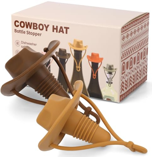 2pcs Cowboy Hat Wine Bottle Stopper, Funny Silicone Wine Plug Champagne Cork Cover Cap Decorative Topper Mother & Father Gifts to Seal and Keep Wines Fresh (Wheat, Brown)