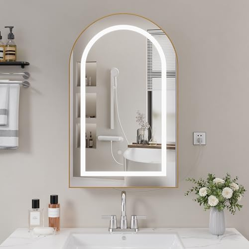 Ztexkee Armoire Murale Salle de Bain avec Miroir Éclairage LED Armoire Miroir avec Fonction Antibuée Arqué Armoire de Toilette avec 3 Étagère 50x15x80 cm Doré et Blanc