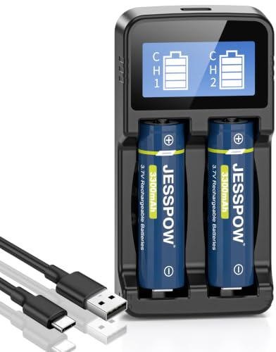 3.7V Rechargeable Battery with 18650 Charger (2 Pack, Button Top)