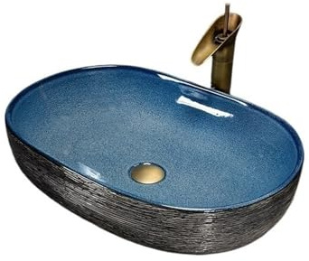 Durevole Lavabo da appoggio ovale in ceramica artistica, for bagno, balcone, stile retrò, con rubinetto e raccordi di scarico Facile da installare