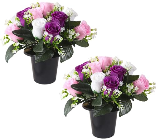 Weciau Artificial Flowers for Graves, 2 Pcs Grave Flowers with 12-Head Cemetery Flower, Funeral Memorial Silk Flowers for Graves for Lasting Tribute and Cemetery Decorations (White, Pink, Purple)