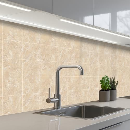 KitchenYeah© Paraschizzi Cucina Adesivo 60x200 cm Pannello Parete Paraspruzzi Pannelli Retro Marmo - Piastrelle - Beige
