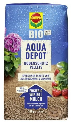 COMPO Bio Aqua Depot® Bodenschutz Pellets Mulch, 10 kg für 80 L | Extrem ergiebige Mulch-Pellets aus 100 % Weizenstroh, quellen zu 80 L auf und schützen effektiv vor Unkraut & Austrocknung
