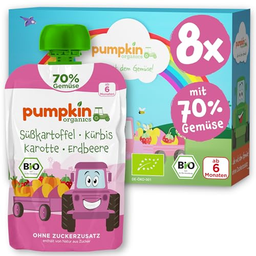 Pumpkin Organics Bio Gemüse-Quetschie mit Süßkartoffel und Erdbeere 8x100g | Bio Gemüse-Quetschie mit 70% Gemüse und weniger Fruchtzucker, ohne Zuckerzusatz¹, ab 6 Monaten; Beikost- bis Schulsnack