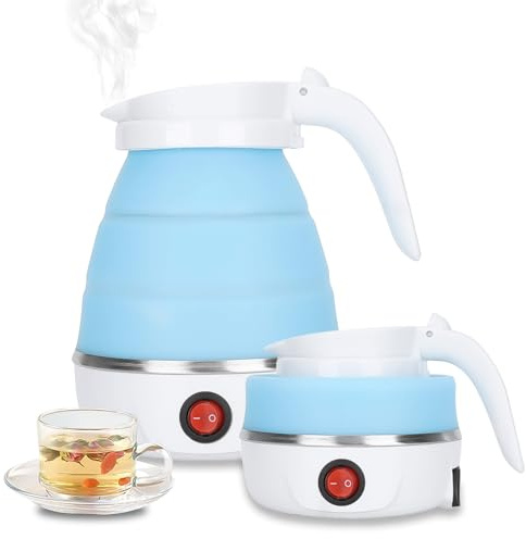 Foldable Electric Kettle, Mini Travel Kettle 600ML Silicone Portable Water Boiler, with Separable Power Cord for Home, Office, Camping, and Hiking(Blue, non-foldable handle)