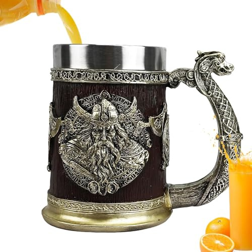 Boccale da birra, grande capacità, 600 ml, in acciaio lucido, forma classica a botte, incisione decorativa, da caffè e whisky, boccale antico da uomo per feste, bar, casa, ufficio, tema