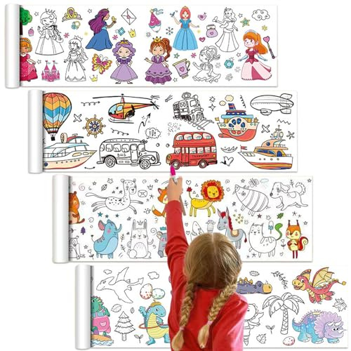 4 Stück Papierrolle Malen Kinder, 30×300cm Malpapier Kinder, Schneidbare DIY Ausmalrolle, Riesen Zeichenrolle für Kleinkinder, Wandfreundliches Bastelset zum Ausmalen