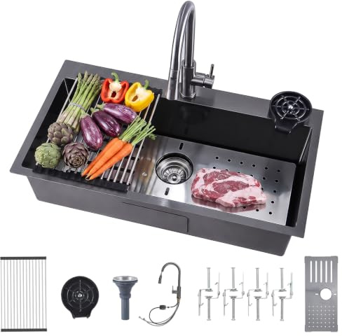 Évier Cuisine noir Plaque Dégivrage & Robinet Extractible Famille 80x50cm | Résistant aux rayures, hydrofuge, avec bac à verres, robinet rétractable, planche à découper