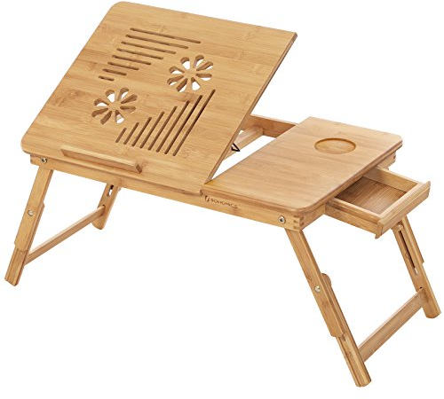 SONGMICS Tavolino Porta Laptop in Bambù Pieghevole, Vassoio per PC Notebook da Letto Computer Portatile, Tavolino d'Appoggio Inclinabile 55 x 35 x 29 cm LLD002