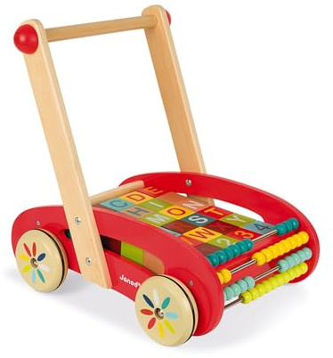 Janod J05379 Tatoo-ABC-Lauflernwagen aus Holz, für Kinder, mit 30 Klötzen, für Kinder ab 1 Jahr, rot