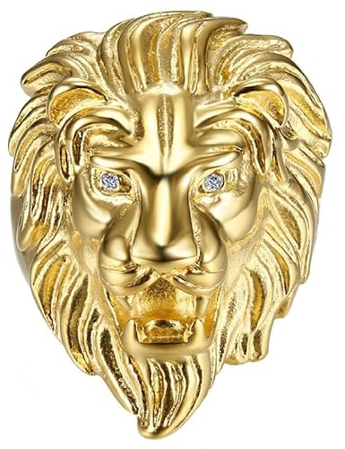 BOBIJOO Jewelry - Bague Tête de Lion Homme Yeux Faux Diamants Acier Inoxydable Plaqué Doré Or - 56 (7 US)