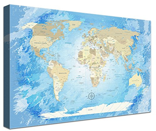LanaKK – Weltkarte Luxus Ausführung – „Worldmap Frozen” - deutsch - Kunstdruck-Pinnwand auf 4cm Echtholz-Keilrahmen – Globus in blau, einteilig & fertig gerahmt in 100x70cm
