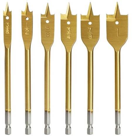 COMOWARE Spade Drill Bit Set- Paddle Flat Bits, Hole Cutter, Titanium Coating, Carbon Steel, Woodworking, 6-Pieces, 3/8-1