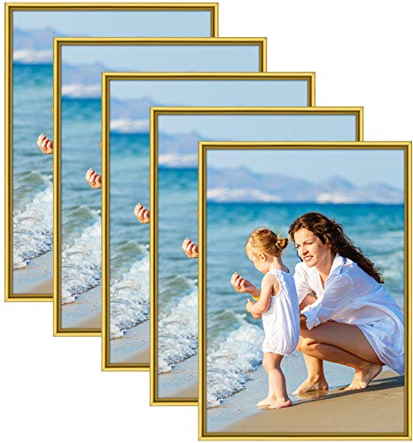 Alishomtll Bilderrahmen DIN A3 Bilderrahmen 5er Set, 29,7x42 cm | Fotorahmen Kunststoffrahmen Posterrahmen Set aus bruchsicherem Plexiglas zum Aufhängen für Mehrere Bilder Fotos Gold