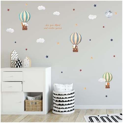 Aufkleber Set Heißluftballon auf 4 Din A4 Bögen Insgesamt 150x55cm Wandtattoo Wandsticker Sticker für Kinder Kinderzimmer Babyzimmer Aquarell Y057-1 (Tiere)