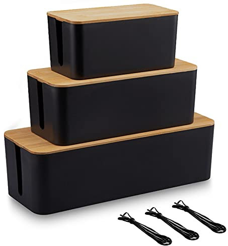 EVADOW Set of 3 Cable Management Box with Bamboo Lid, Black Wire Core Cable Tidy Box Conceal and Hide Cable Wire Extension Organizer Box for Home, Office | Size for Large, Medium, Small
