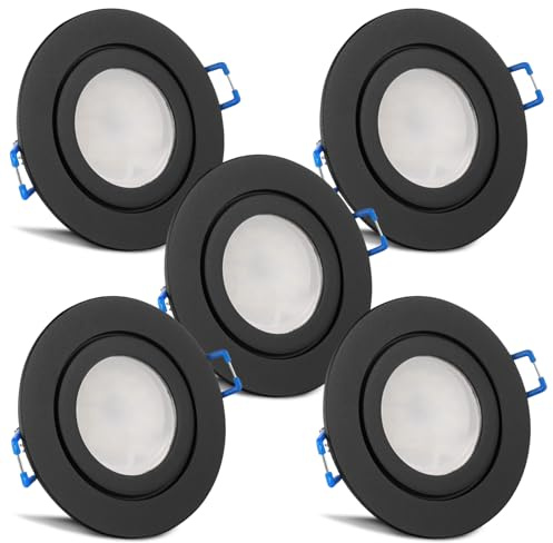trendlights24 Mare LED Decken Einbaustrahler IP44 flach dimmbar 5W 5er Set | Schwarz, rund, ultra flach, Einbautiefe 35 mm, 230V, LED Spots, Neutralweiß, 4000k, austauschbar, Feuchtraum, Bad, außen
