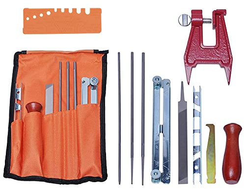 Poweka Affilatore a Catena con Sega, Set di Lime per Affilare Seghe a Catena con Lime, Manici in Legno, Misuratore di profondità, Guida per la Levigatura, Borsa degli Attrezzi e Vite da Banco