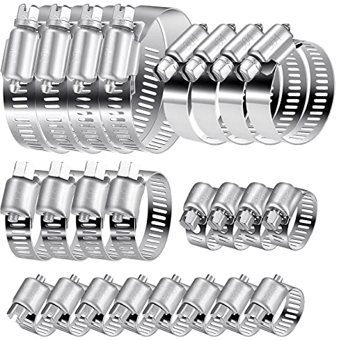 20 Pcs Hose Clips, Adjustable 6-51mm Hose Clamps, 304 Stainless Steel Pipe Clamps, Jubileeclips Assorted Set for Garden, Pool, Pipe Tube, 6-12/13-19/16-25/21-38/27-51mm