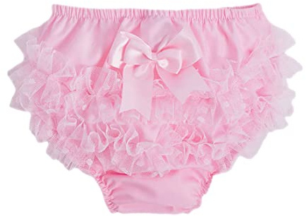 Gum & Berries Pantalones con volantes para bebés y niñas, tutú con manchas de tacto suave, cubierta de pañal, bragas con volantes, lazo de satén, rosa, 12-18 meses