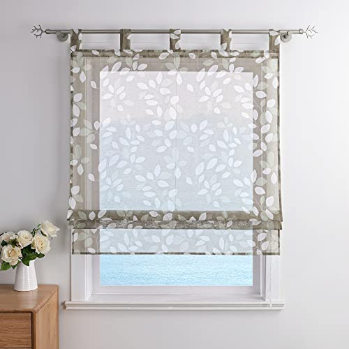 ESLIR Raffrollo mit Schlaufen Gardinen Küche Leinen Raffgardinen Transparent Schlaufenrollo Modern Vorhänge mit Hellbrauner Druck BxH 120x140cm 1 Stück