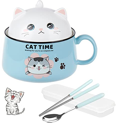 Ramen Schüssel mit Deckel Müslischalen, Kawaii Katze Salatschüssel und Henkel, 1020mL Ramen Bowl Instant Nudelschale Keramik Suppenschüssel, Pastaschüsseln Dessertschalen Nudeln Suppe für Kinder-Blau