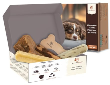 Paquete de bienvenida para cachorros Wildfang® | Entrantes para cachorros | mascar raíz | huesos de cuero | Palo de mascar de madera de olivo | Set de degustación de quesos duros | perros medianos