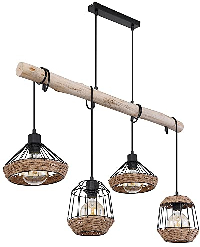 Hängeleuchte Holzbalken Hängelampe Hanfseil Retro Holz Käfig-Design Esszimmerlampe hängend 4 Flammig, Kabel schwarz, 4x E27, LxBxH 105x21x120 cm