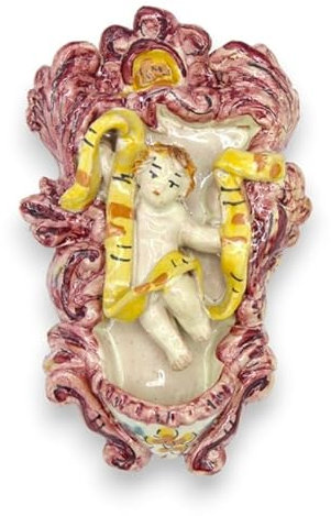 SICILIA BEDDA CAPACI Acquasantiera (1Unità) in Ceramica Caltagirone con putto - h 13 cm ca. con Cinque opzioni Colore - Bordeaux