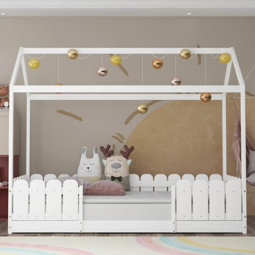 Bett in Form eines Baumhauses, Bett für Kinder, mit Dach und Zaun, 90 x 200 cm, mit Fallschutz und Lattenrost aus Holz, geeignet für Jungen und Mädchen (weiß)