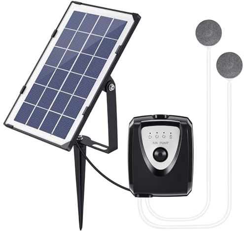 Palmcee Solar Oxygenator Air Pump for Pond, Solar Pond Aerator with 2 Air Bubble Stones, Portable Multifunctional Solar Air Pump, 3 Oxygen Modes, 35db Mute, for Garden Fish Tank Pool Fishing Pond