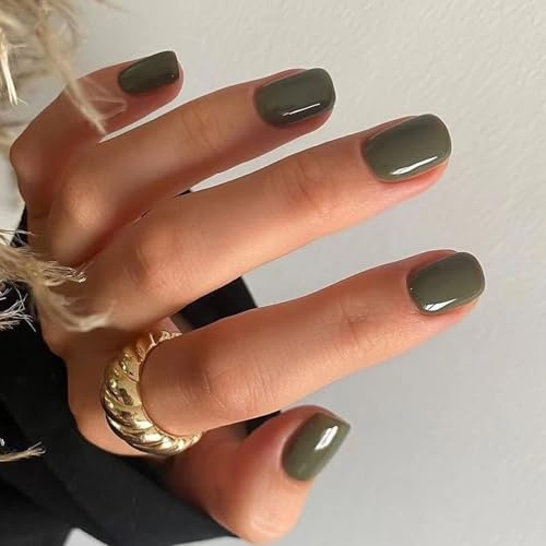Boloshine 24 Stück Künstliche Nägel Kurz, Rein Farbe French Nageltips Fake Nails mit Nagelkleber Aufkleber, Full Cover Press on Nails Natürliche Nägel zum Aufkleben für Frauen Mädchen(Waldfarbengrün)