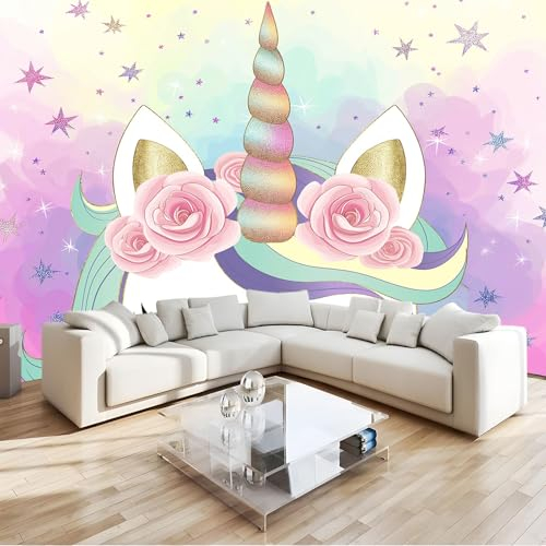 Fototapete 3D Effekt Cartoon Einhorn Regenbogenhintergrund 300x210 cm Vliestapete Wohnzimmer Schlafzimmer Vlies Tapete Art Wandtapete UV-Beständig Wanddekoration Tapete
