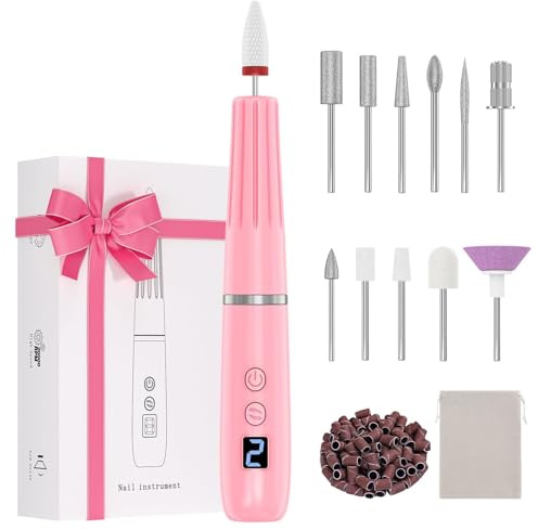 Karrong Nagelfräser Elektrische Kabellos, 12 in 1 Nagelfeile Professionell Maniküre Set, 5 Geschwindigkeiten, LED Licht, Akku Nail Drill für Gelnägel Acrylnägel Nagelhaut Entfernen